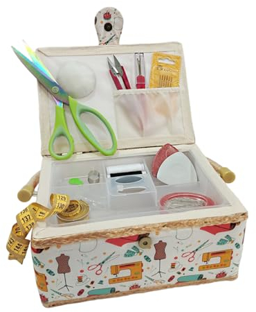 Nähkästchen aus Holz, mittelgroß, mit Zubehör, mit Stoff ausgekleidet, mit 8 Fächern, Organizer mit Nadelfach, Box mit Griff, Zubehörtablett (mittelgroß, Maschine)