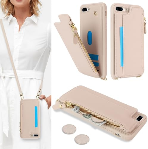 SailorTech Custodia per iPhone 7 Plus in Pelle Portafoglio con porta carte di credito, Cover per iPhone 8 Plus Cellulare Regolabile Collana con slot per carte di credito - Albicocca