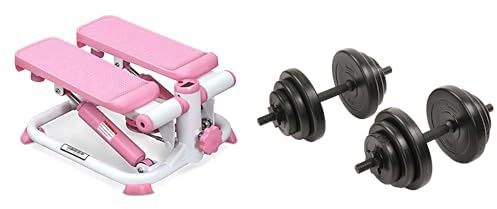 Sunny Health and Fitness Exercise Stepping Machine, Portable Mini Stair Stepper + Exercise Vinyl 18 KG Dumbbell Set Hand Weights for Strength Training, Weight Loss, Workout Bench