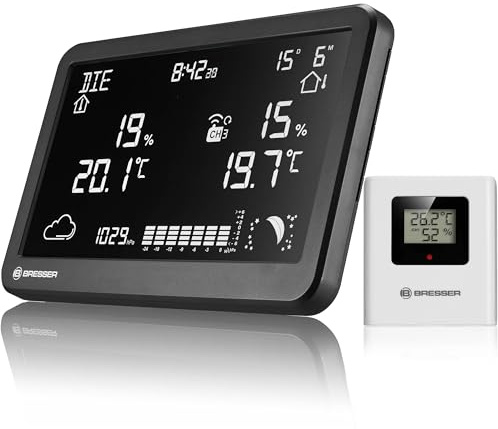 Bresser MeteoTemp TBH Wetterstation Funk mit Außensensor, Luftdruck | Innen und Außentemperatur, Luftfeuchtigkeit, Wettervorhersage, Luftdruck Historie, DCF Uhr, Wecker, Mondphase
