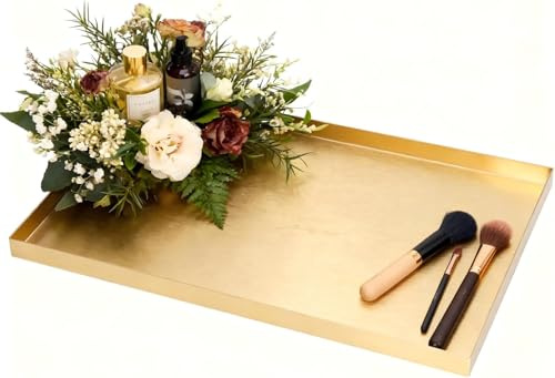 Tissting Deko Tablett Gold, 30 x 20 cm Rechteckig Servierplatte Dekotablett Edelstahl Serviertablett Kerzentablett Metall Tablett Bad Schmuck Organizer Buffet Teller für Kosmetik Dessert Kerzen
