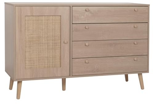 Mendler Sideboard HWC-M43, Schrank Kommode Highboard, Schubladen Staufach, Kubu Rattan Holz Melamin, Eiche-Optik