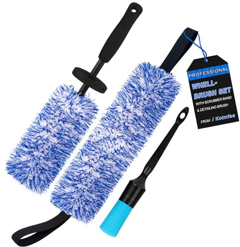 Microfiber Car Wheel Cleaning Brush Kit with Scrubber Band & Detailing Brush - Long Flat Alloy Wheel Cleaner Brush Tyre Rim Brush Tool for Auto Truck Motorcycle Wheel Barrel Spoked Scratch Free Wash