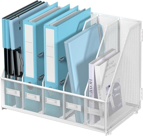 SUPTIDY Metal Magazine File Holder for Desk with 5 Vertical Compartments, Magazine Rack Desk Tidy Organiser for Office, Home Workspace, White Plus