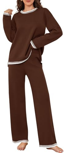 TOMEEK Completo Tuta Donna Elegante Sportiva 2 Pezzi in Maglia Set di Pantaloni Maniche Lunghe Girocollo Larga e Maglione Casual Pullover Top Tuta da Casa Jogging(Marrone,XXL)