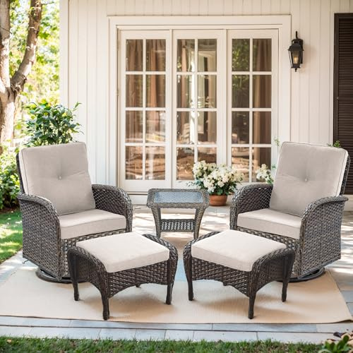 Artfurniz Outdoor Swivel Glider Rocker Chairs Set- 5 Piece Patio Furniture Set, Patio Bistro Sets with Tempered Glass Side Table and 2 Ottoman, for Balcony, Porch - Brown Wicker, Beige Cushion