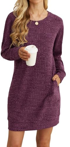 PrinStory Damen Pullover Kleid Freizeitkleider Rundhalsausschnitt Sweatkleid Mit Seitentaschen
