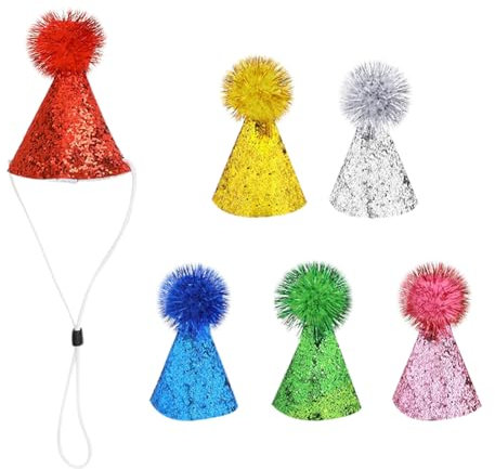 FSSTUD Bunte Katzen-Geburtstagshüte, Mini-Glitzer-Hunde-Partyhüte, niedlich, Welpen, Kätzchen, verstellbare Pailletten-Hut, Welpen, Kostüm, Hut, Zubehör mit Pompons, 6 Stück