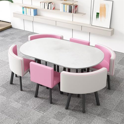 EpuzeR Oval Esstisch mit 6 Stühlen, Küchentisch Empfangtisch it Kunstleder Stuhl, Konferenztisch for Büro, Konferenzraum, Esszimmer(Pink)