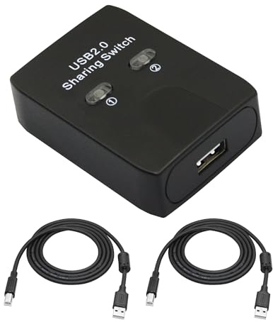 USB 2.0 Printer Sharer Switcher, Adapter 2 in 1 Out 2 Geräte Shared 1 Printer Scanner mit manuellem Switcher und LED Licht (inklusive 2Pcs 4.9FT USB Drucker Kabel)