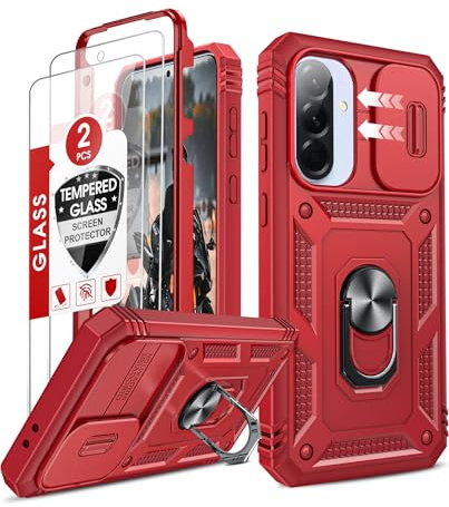 LeYi Hülle für Samsung Galaxy A36 5G Kameraschieber Handyhülle [2 Displayschutzfolie] Metallring Schiebekamera Abdeckung Schutzhülle Drehhalter Case Militärschutz Stoßfest A 36 5 G Handy Cover Rot