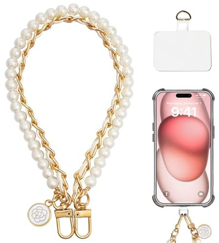 LunarCharm Beaded phone lanyard for mobile phone case, floral design, hands-free phone charm bracelet for women, detachable phone bracelet, white