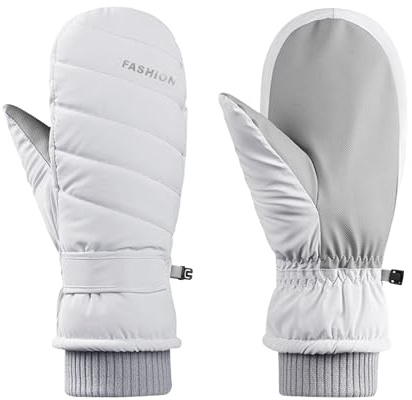 Feelorna Women Ski Gloves, Waterproof Touchscreen Ski Mittens Soft Winter Thermal Mittens with Plush Windproof Anti-slip Snow Gloves for Skiing Running Hiking Outdoor Sports (White, One Size)