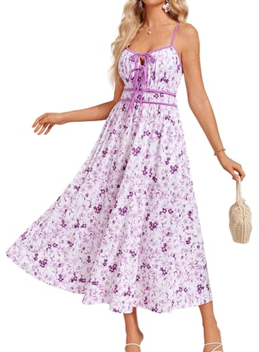 GRACE KARIN Abito estivo casual da donna, linea ad A, con scollo a V, abito lungo floreale, senza maniche, con spalline sottili, da spiaggia, per vacanze