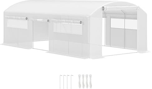 Outsunny Invernadero de Exterior 6x3x2 m de Túnel con 6 Ventanas de Malla Cubierta de PE Anti-UV y 3 Puertas Enrollables con Cremallera para Jardín Patio Blanco