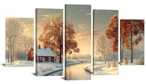 TODOAA 5 pezzi Paesaggio invernale Quadro Stampa su Tela in XXL Grande, Poster invernale capanna sull'albero Quadri Moderni Camera Letto Matrimoniale - Stampe Parete Arte - 100x200cm Incorniciato