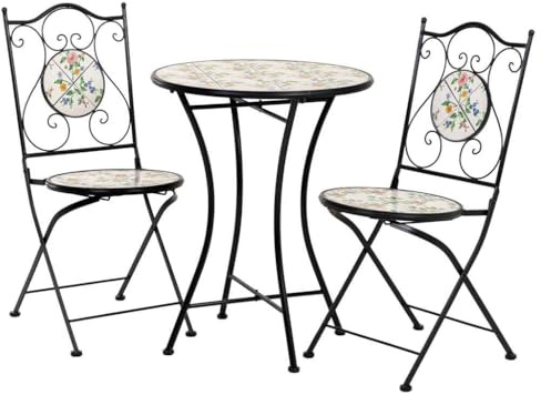 WANDERLUST DECO Conjunto Mesa y Dos sillas de Mosaico y forja Negro Mesa:D60x75h-silla(2):D38x46-90h