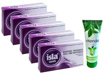 isla® Cassis Pastiglie – 5 x 60 pezzi con una crema per le mani di Vitenda, sapore fruttato di ribes, senza zucchero, per problemi di gola e di voce