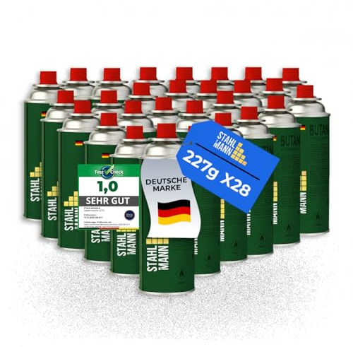 STAHLMANN® 28x Gaskartuschen 227g [Made in EU] – Butangas Kartusche mit MSF-1a Ventil für Campingkocher, Grill, Gaskocher, Gasheizung,Unkrautbren – Gaskartuschen
