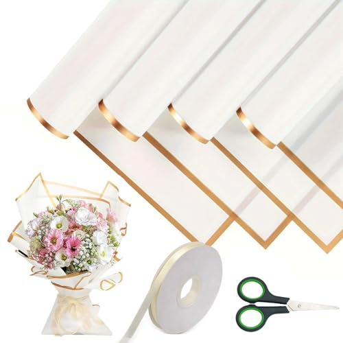 Blumenstrauß Geschenkpapier, 20 Blatt Dekoration Geschenkpapier mit 1 Rolle 40m Band und 1 Schere, Wasserdicht Floristenverpackungspapier für Geschenkverpackungen Blumen Kunst Handwerk(Weiß, 58x58cm)