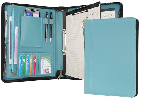 Wason A4 Portfolio with Zipper - Leather PU Padfolio with Detachable Ring Binder and Writing Notepad Holder, Conference File Multi-Pockets Organizer for Office Travel School (Cyan)
