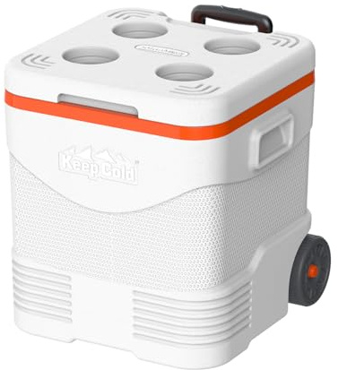Nevera Portátil con Ruedas Duramax KeepCold 45 L – con Tapón Desagüe, Portavasos, Asa Telescópica, Ideal Camping, Playa y Pícnic – Blanca 45,4x43,5x47,3 cm