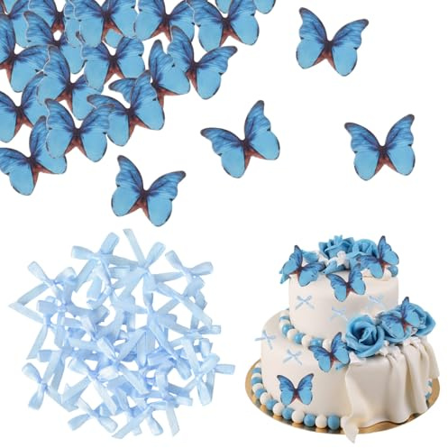 48 Stück Schmetterlinge Tortendeko Essbar, 3D Dreidimensionale Tortendeko Essbare Schmetterlinge für Torte, mit 30 Stück Mini Bandschleifen für DIY Geschenkpapier Party-Dekoration (Blau)
