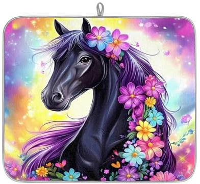 Black Horse Colorful Flower Absorbent Dish Drying Mat for Kitchen Counter, Reversible Microfiber Dish Drying Pad with Hanging Loop for Glassware Utensils Pots 16x18 in
