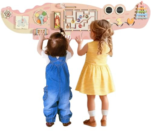WRQIOO Aktivitätsbrett Krokodil, Beschäftigtes Brett, 9 in 1 Wandspielzeug, Montessori Holz Sensorisches Brett, Sensorische Spielzeug Aktivität Wand Panels, Interaktive Spielzeug für Kinder(Rosa)