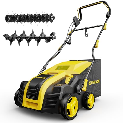 EVEAGE 2-in-1 16 Inch Electric Dethatcher and Scarifier 5-Position Depth Adjustment,Lawn Dethatcher with 15 Amp Copper Motor, Removeable Quick-Fold