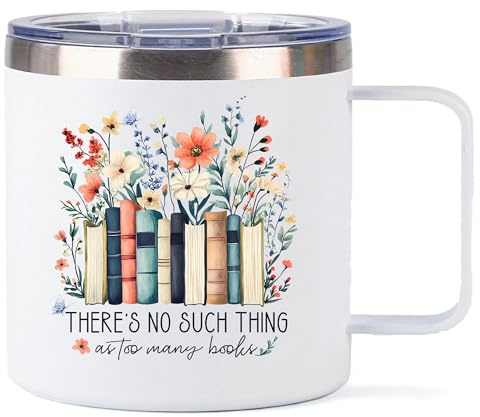Xinvast Book Lovers Insulated Mug with Handle, Stainless Steel Double Wall Vacuum Metal Coffee Tumbler Cup for Readers Bookworm 14 oz