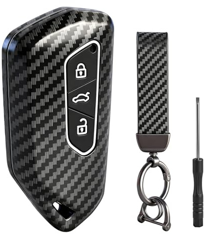 Schlüsselhülle für VW Golf 8, VW ID3 ID4 E-Golf GTI GTE Clubsport, Carbon Design Autoschlüssel Hülle Auto Cover Schlüssel kompatibel VW Golf 8 3-Tasten mit Schlüsselanhänger