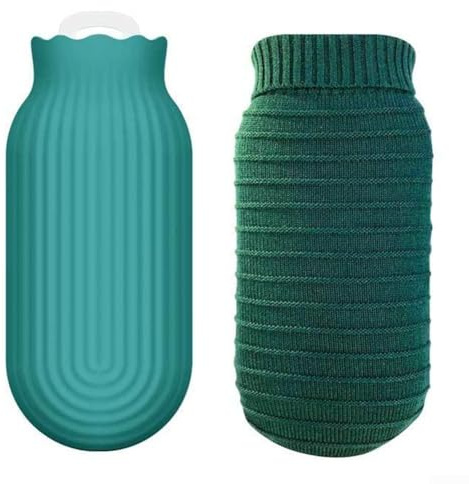 Bolsa de agua caliente de silicona para microondas y refrigerador con cubierta de punto, tapa de rosca a prueba de fugas con diseño antideslizante y boca ancha para un fácil llenado de agua (verde)