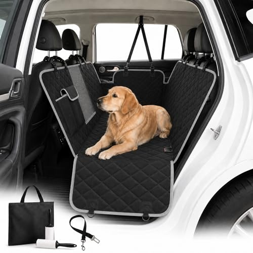 doselebrand Pack Funda Coche Perro + Arnés + 2 Rollos Quitapelos + Bolsa | Impermeable│ Antideslizante │ Ventana y Bolsillos │ Evita Pelos - Barro - Arañazos │ Universal - Asiento Trasero - Maletero