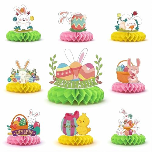 Decorazioni Pasquali a Nido d’Ape – Set da 9 Pezzi con Coniglietti e Uova, Addobbi Sospesi e Centrotavola per Festa di Pasqua, Decorazioni Fai da Te per la Casa
