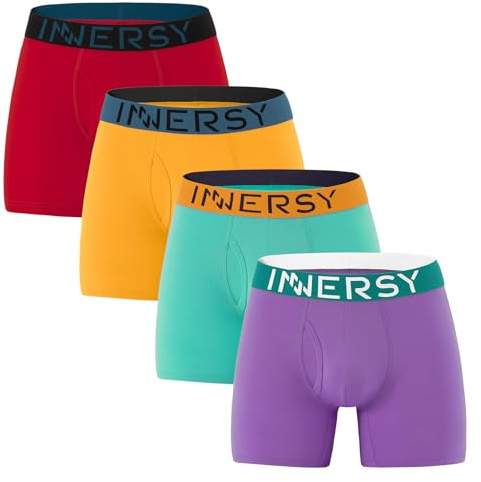 INNERSY Underbyxor, män, bomull, boxershorts, män, med gylf, 4-pack | Långt ben retroshorts, ventilerande sportunderkläder, bekväma bomullsherrkalsonger, etikettfria bomullunderkläder män