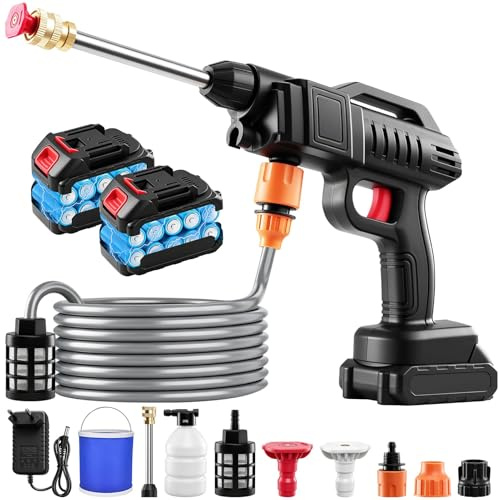 RugoTech Pulitore a pressione senza fili, 1500 W, 21 V, 60 bar, con tubo da 5 m, 3 ugelli e secchio d'acqua, aspira direttamente dal secchio, ideale per auto, bicicletta, patio e