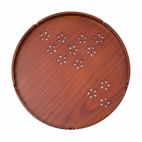 Amagogo Bandeja Redonda de Servir Bandeja Plato Fuente de Madera con Acabado Pulido y Contorno Redondo Borde Bajo y Calados Adecuada para Servir Jugos Desayunos Auxiliares Oficina Reuniones, 27cm