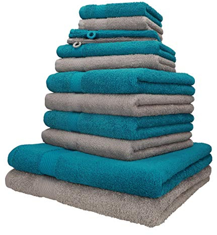 Betz 12-TLG. Handtuch-Set Palermo 100% Baumwolle 2 Liegetücher 4 Handtücher 2 Gästetücher 2 Seiftücher 2 Waschhandschuhe Farbe Petrol und Stone