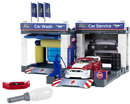 Theo Klein 3313 Service station with 2019 Ford Mustang I Garage and car can be dismantled I With lifting platform and car wash I Toys for children aged 3 and over