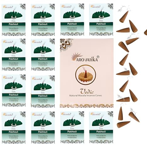 ARO VATIKA Vedic Patchouli Natural Masala Incense Cones 120 Cones in Pack of 12 Boxes | Best for prayer, Meditation and Relaxation