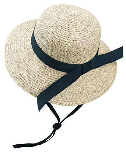 Girls Wide-Brim Straw Sun-Hat for Summer Beach with Bow 8 to 16 Years