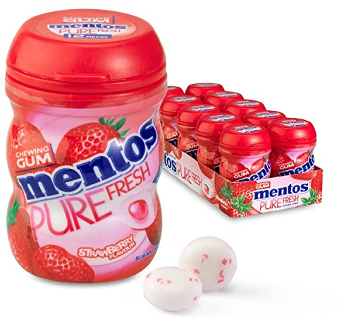 Mentos - Chicle de mascar | Mentos Gum Purefresh - Frascos pequeños de fresa | Paquete de 10 | Mentos Sin Azúcar | 8 Oz | 240 Gr