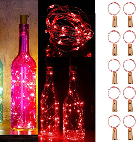 Flaschenlichter mit Kork, 10 Stück, 2 m, 20 LEDs, Weinflaschenlichter, wasserdicht, silberfarbener Draht, Flaschenlichterkette für Weihnachten, Hochzeit, Party, Mason Jar Dekoration, Rot