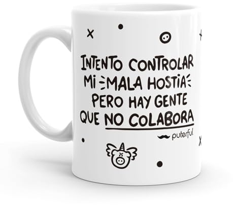 Puterful - Taza minimal con frase Mala hostia - Tazas originales para café - Resistente al microondas y lavavajillas