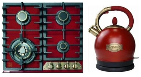 Kaiser Gas-Kochfeld, 60cm, Bordeaux Glas, Retro Einbau Herd, 3,8kW WOK Facette vorne Metallplate Bronze, Brenner Gold + WK 2000 RotEm Exklusiver Retro Wasserkocher Kontroll LED 2 L 1800W