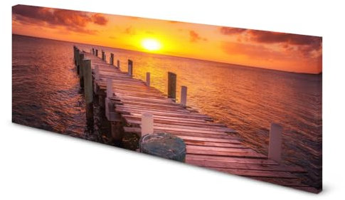 Magnettafel Pinnwand Bild Sonnenaufgang Morgenrot Meer Steg gekantet Größe 120 x 60 cm, Farbe schwarz weiß