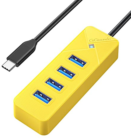 GiGimundo USB C Hub，4 Port USB 3.0 Hub Adapter für Laptop, Schnelle Datenübertragung USB Verteiler 3.0(15cm Kabel) Kompatibel mit MacBook, PS4, Surface Pro, Flash Drive, Mobile HDD, Gelb (PG4U-C3)