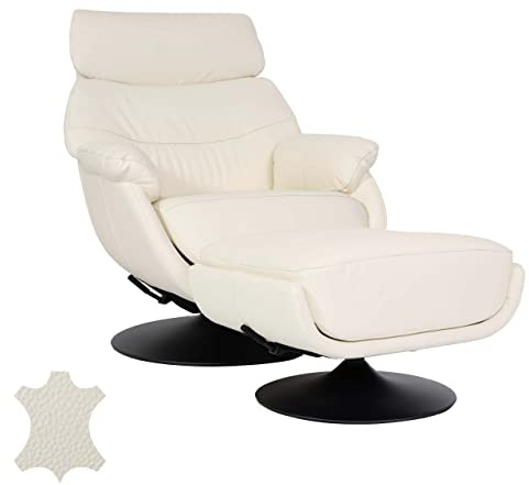 Mendler Relaxsessel mit Hocker HWC-K99 Echtleder/Kunstleder - Creme-weiß | Fernsehsessel, Sessel, Wippfunktion, drehbar