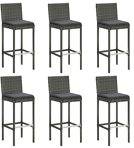 vidaXL Lot de 6 Tabourets de Bar avec Coussins, Repose-Pieds de Pub, Chaises de Bistrot, Meubles de Salon Salle de Séjour, Gris Résine Tressée